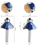 Close-up of 45 Degree Chamfer Router Bit Set for Woodworking, 1/4 Inch Shank, sizes 1/2 and 5/8 inches, C3 carbide material