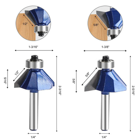 Close-up of 45 Degree Chamfer Router Bit Set for Woodworking, 1/4 Inch Shank, sizes 1/2 and 5/8 inches, C3 carbide material