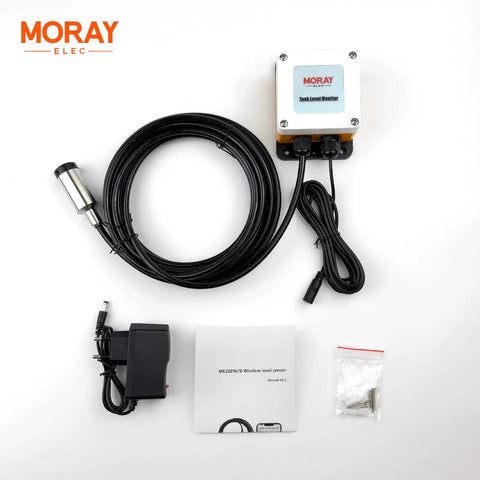 Smart WiFi Water Level Sensor For Tanks With Ultrasonic Detection Up To 10m featuring submersible gauge, cables, and manual