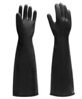 Heavy Duty Chemical Resistant Gloves For Tough Industrial Jobs And Stubborn Household Grime, Extra Large Black Latex Hand Savers with long sleeves.
