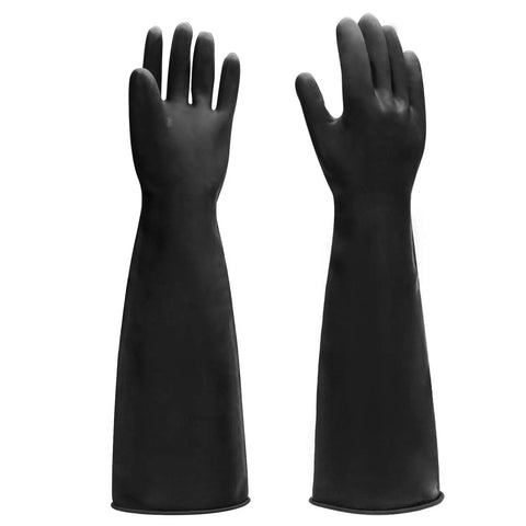 Heavy Duty Chemical Resistant Gloves For Tough Industrial Jobs And Stubborn Household Grime, Extra Large Black Latex Hand Savers with long sleeves.