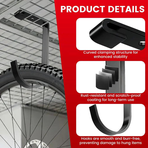 Heavy Duty Bike Hooks For Garage Ceiling Mount Rack Six Pack Add On Storage Flat Hook Accessory in use holding a bike wheel