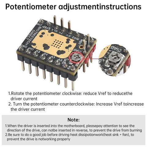 TMC2209 V1.3 UART Stepper Driver Module with potentiometer adjustment instructions and detailed close-up of resistor pins.