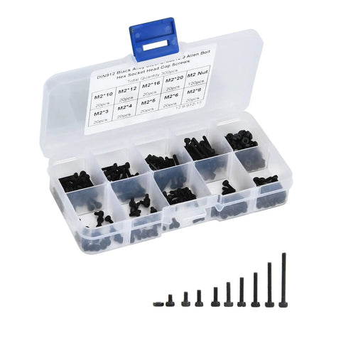 Beefy Pro Grade M2 X 3 20mm 12 9 Grade Black Alloy Steel Hex Socket Screws Bolts And Nuts Kit in plastic case, open view