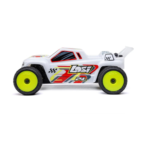 Micro RC Car 1/28 Scale 2WD Ready To Run With Aluminum Chassis And Oil Filled Shocks, side view in colorful design.