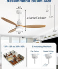 52 Inch Modern Wood Ceiling Fan With Lights Remote Control Reversible DC Motor Quiet Noiseless For Indoor Outdoor Farmhouse Bedroom Living Room Porch Patio 3 Wood Blades Downrod Options, shown in room with mounting measurements and methods