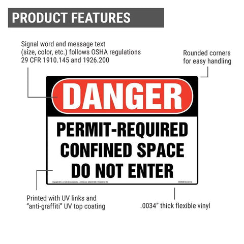 Permit Required Confined Space Danger Sign 10X7 Inches OSHA Compliant Wall Plate for Industrial Jobsites, featuring rounded corners.