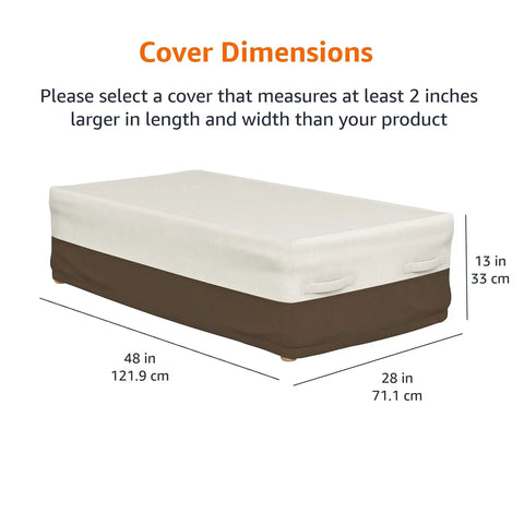 Outdoor Patio Coffee Table Cover All Weather Protection Waterproof And UV Resistant With Secure Straps Beige Tan 48 By 28 Inches Durable Woven Polyester Keeps Rain Snow Dust Out shown with dimensions 48x28x13 inches