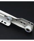 Close-up of metal full extension drawer slide for cabinets and furniture, 16 inch 40 cm set, showing wheels and holes.