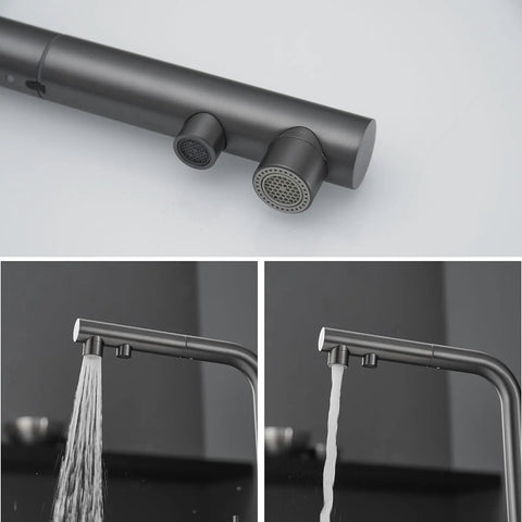 Close-up of 3-Way Kitchen Faucet with Pull-Down Hose Ch h Rotating Design Water Filter for Drinking Modern Sink Mixer spout.
