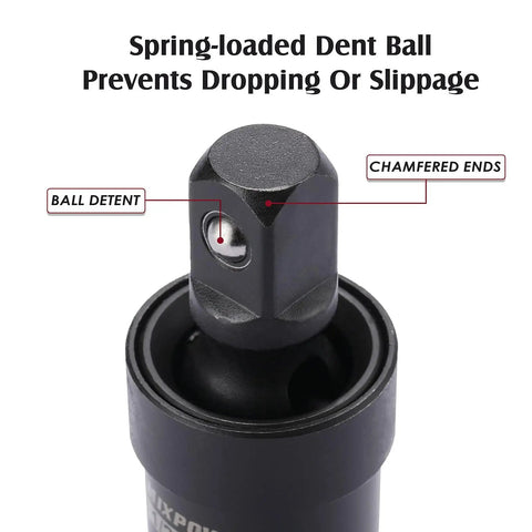Half Inch Drive Impact Universal Joint With Radius Corner Design In CR MO Steel, close-up of ball detent and chamfered ends