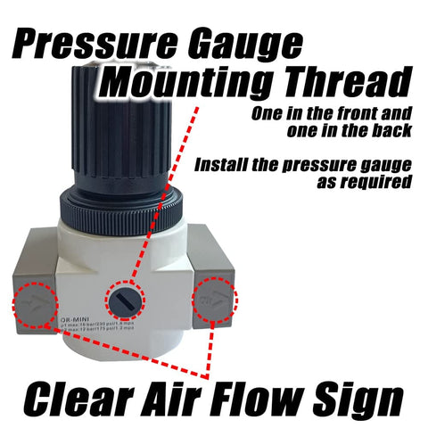 Beefy 1/4 NPT Heavy Duty Air Pressure Regulator showing pressure gauge mounting threads and clear air flow sign
