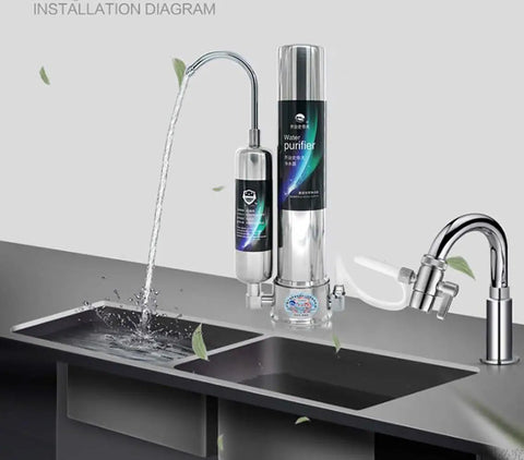 Heavy Duty Brass Sink Faucet Diverter Valve With Rigged Tough Chrome Handle No Sweat Plumbing Swap For Countertop Water Filter Sprayer And One Quarter Inch RO Tubing Faucet Adapter For Easy Water Diversion, installed with water purifier.