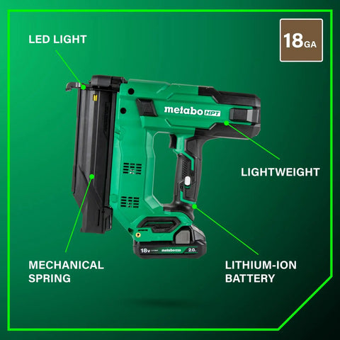 Compact 18V Cordless Brad Nailer 18 Gauge Tool Only Single Sequential Trigger showing mechanical spring and lightweight frame.