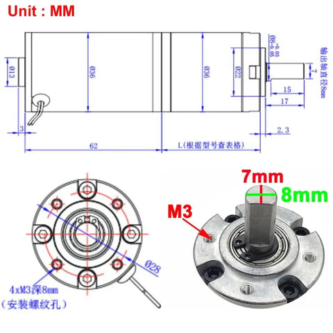 Powerful 12V And 24V Dc Planetary Gear Motor With Insane Torque And Low Noise For Reliable Automation Projects And Custom Robotic Builds That Run Smoothly dimensions and parts diagram