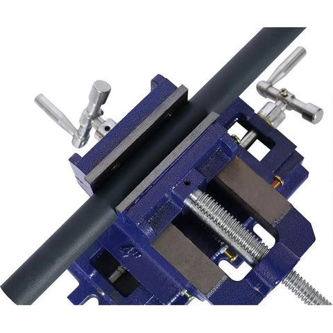 Cross Slide Drill Press Vise With Two Way X Y Precision Control Heavy Duty Cast Iron Milling Clamp In Blue Steel, angle view