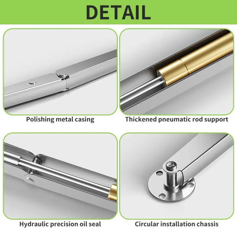 Close-up view of Heavy Duty Soft Close Lid Support Hinges For Toy Boxes And Wooden Chests, Hydraulic 100N, metal casing, gold rod.