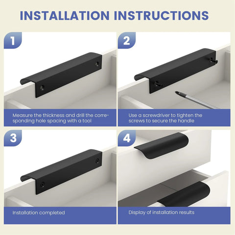 Installation instructions for 12 Pack 5 Inch Black Cabinet Pulls Edge and Finger Drawer Handles for Cabinets.