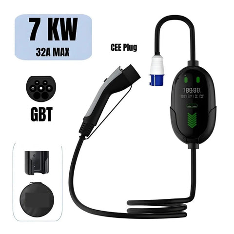Straight Up Super Fast Reliable Portable EVSE With Type 2 Cable And Sae J1772 Adapter For Highway Range Relief And Effortless Quick Home Juice Ups At 7Kw 32A Wall Output with display and CEE plug.