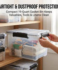 Kickass Heavy Duty 19 Quart Storage Bin With Airtight Gasket Lid Clear Stackable Plastic Crate on shelf with various stored items.