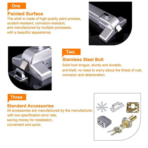 Close-up of stainless steel door push bar panic exit device with durable bolt and included standard accessories.