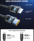 Close-up of the Upgraded Retractable Car Charger 4 In 1 Fast USB C and Apple Car Adapter showing Apple and USB-C terminals.
