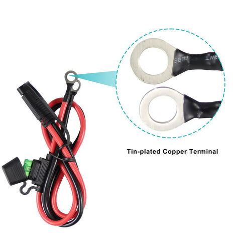 Heavy Duty Beefy 10 AWG SAE to O Ring Terminal Harness Includes Inline 30A Fuse Quick Connect Plug with tinned copper terminals.