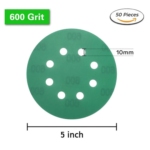 5 inch sanding disc 600 grit, 8 holes, for wet dry polishing, wood metal car plastic, random orbital sander, 50 pack.