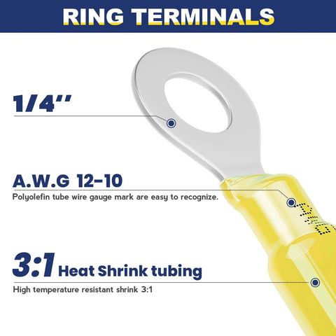 Yellow insulated 1/4 inch ring terminal for AWG 12-10 marine-grade tinned copper wiring
