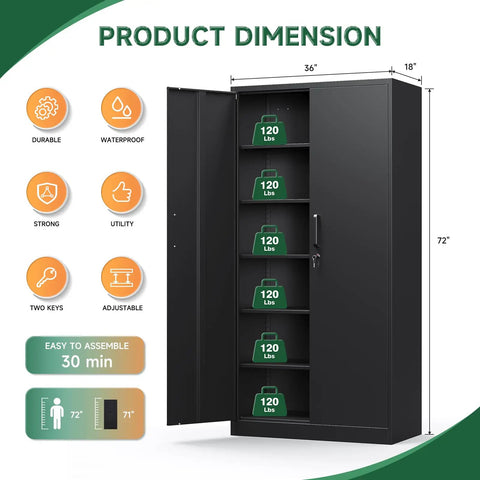 72 Inch Metal Garage Storage Cabinet With Locking Doors Tall Tool Organizer Steel Lockers 5 Adjustable Shelves In Black