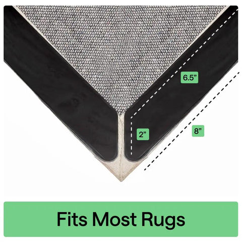 Rug Gripper Pads Extra Long Reusable Double Sided Adhesives keep rugs flat at corners, shown in corner installation with size markings.