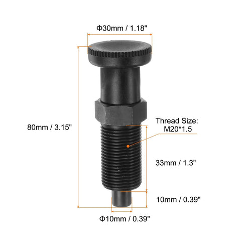 Heavy Duty Push Fit Ball Nose Spring Plunger With M20x1.5 Thread And 1.3 Inch Length showing dimensions and features.