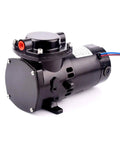 12V DC oil-free diaphragm air pump, black plastic housing, 35 L/min, side view with blue and red power wires