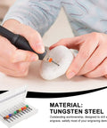 Person using Pro Grade 1.49 Inch Precision Tungsten Carbide Micro Drill Bit on stone for engraving, product display in box