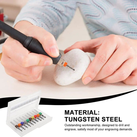 Person using Pro Grade 1.49 Inch Precision Tungsten Carbide Micro Drill Bit on stone for engraving, product display in box