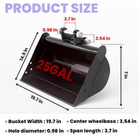 20 Inch No Teeth Flat Backhoe Bucket For Mini Excavator With 2 Pins, Smooth Edge For Ditch Cleaning And Slope Leveling, dimensions shown