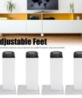 Heavy Duty Aluminum Cabinet Feet 4 Pack with height adjustable knob for shelves, coffee tables, and cabinets, shown under TV unit