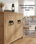 Wooden cabinet featuring Wrought Iron Cabinet Ring Pull Set Black Antique Colonial Hepplewhite Style with rust-resistant coating.