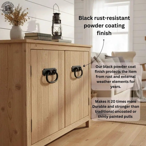Wooden cabinet featuring Wrought Iron Cabinet Ring Pull Set Black Antique Colonial Hepplewhite Style with rust-resistant coating.