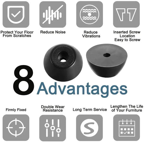 Tough Rubber Feet Bumpers Pack With Metal Washer Inserts, Black 30mm Diameter Base 19mm, 8 advantages text and icons displayed