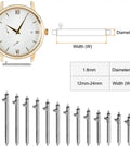 Top Shelf Heavy Duty Slick Quick Release Stainless Steel 22mm Watch Spring Bars Set of Eight Solid Metal Strap Pins next to watch for size reference.