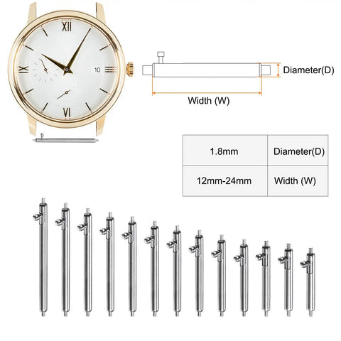 Top Shelf Heavy Duty Slick Quick Release Stainless Steel 22mm Watch Spring Bars Set of Eight Solid Metal Strap Pins next to watch for size reference.