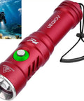 Rose red Underwater Dive Light Rechargeable Waterproof Flashlight with Battery Level Indicator, ideal for scuba and night snorkeling.