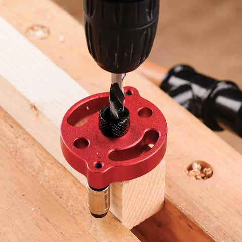 Pro Grade Drill Guide Locator With Vertical Self Centering Dowel Jig Kit and red aluminum body for precise drilling.