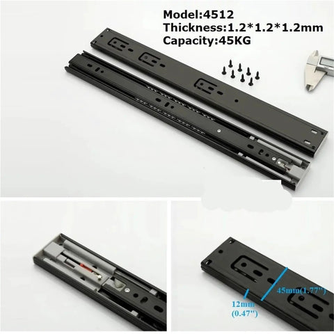 Push To Open Rebound 3 Fold Ball Bearing Drawer Slide Black Detachable Full Extension For Furniture And Cabinets, detail view