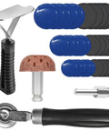 Heavy Duty Tire Patch Kit For Quick Flat Fixes With 30 Reinforced Patches In 32mm 42mm 58mm Sizes Plus Patch Roller Buffer Wheel And Liner Scraper For Cars Trucks SUVs Motorcycles And Bikes.