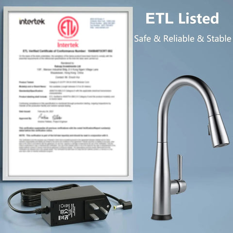 ETL certificate and Delta faucet with 9V Faucet Replacement Power Supply For Touch2O Power Adapter EP102157 shown next to it.