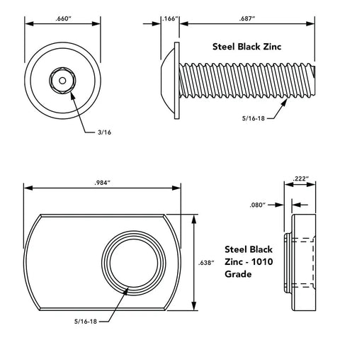 Technical diagram of Heavy Duty 15 Series Bolt Assembly Kit with dimensions for 5/16-18 screw and slide-in T nut in steel black zinc finish.