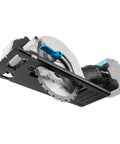 No Nonsense 18V Brushless Cordless Circular Saw With 120 Mm Blade showcasing aluminum guard and parallel fence from a bottom view.
