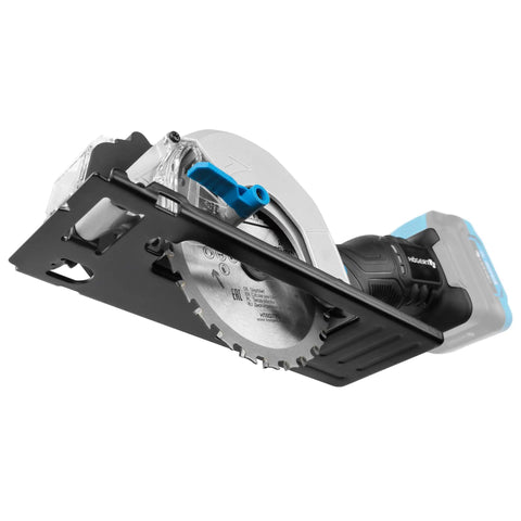 No Nonsense 18V Brushless Cordless Circular Saw With 120 Mm Blade showcasing aluminum guard and parallel fence from a bottom view.